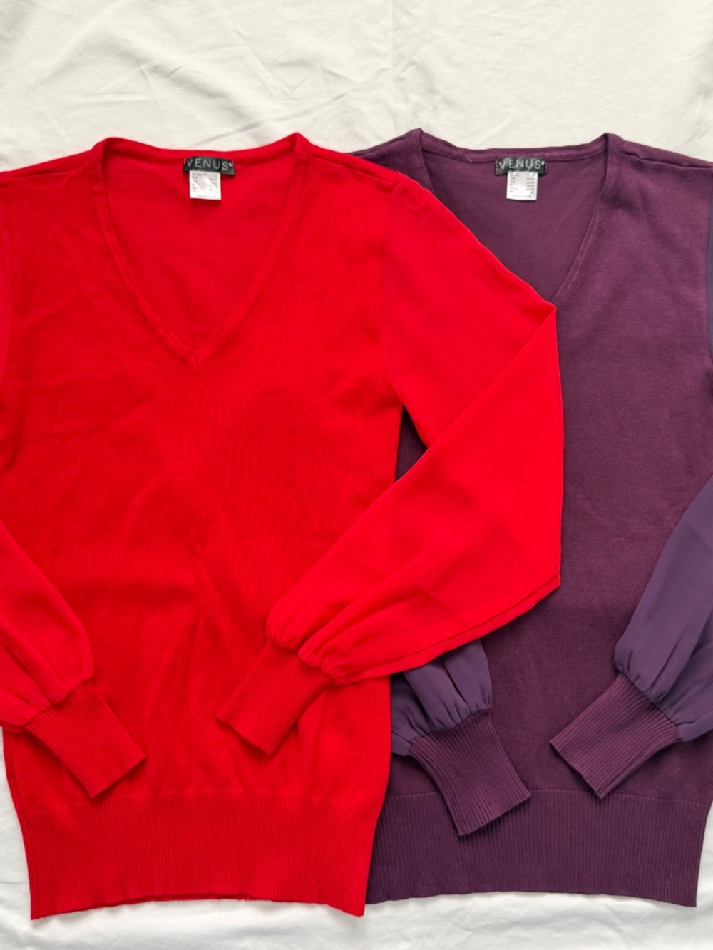 VENUS Bundle | 2 Sheer Sleeve Stretch Knit V-Neck Sweaters | Red & Purple | XS - Picture 3 of 16